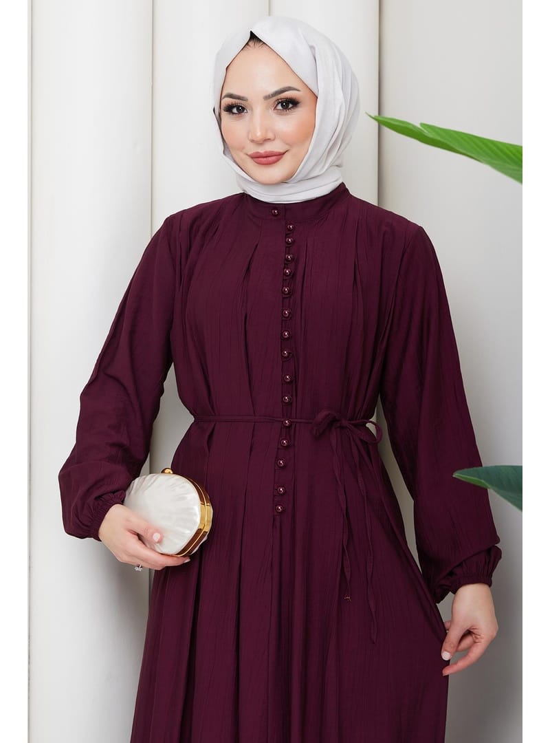 Esila Bağcıklı Britli Tesettür Elbise Bordo HM2884 - Resim 2