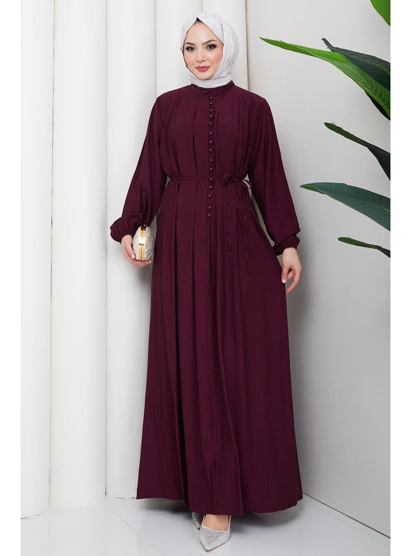 Esila Bağcıklı Britli Tesettür Elbise Bordo HM2884 - Resim 3