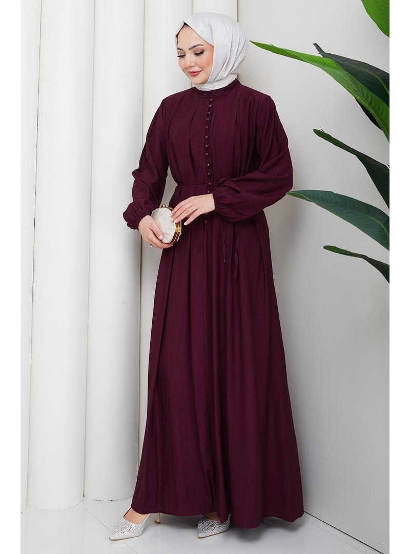 Esila Bağcıklı Britli Tesettür Elbise Bordo HM2884 - Resim 4