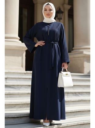 Çizgi Taşlı Fermuarlı Lacivert Tesettür Abaya 29133L