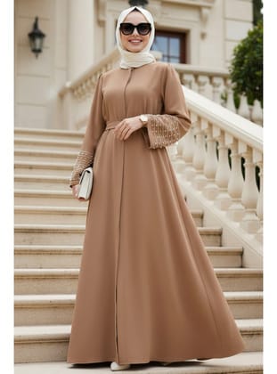Kolları Taş İşlemeli Camel Tesettür Abaya Elbise 60041C