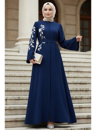 Desenli Lacivert Tesettür Abaya 60052L