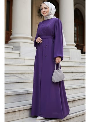 Taş Aplikeli Koyu Lila Tesettür Abaya 82412KLILA