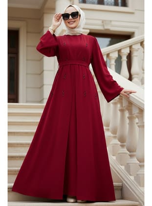 Taş Aplikeli Bordo Tesettür Abaya 82412BR