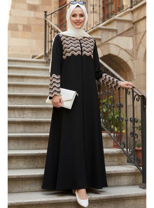Desenli Siyah Tesettür Abaya 29136S