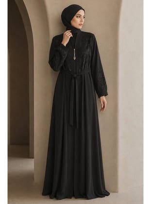 Fermuarlı Siyah Tesettür Abaya 29139S