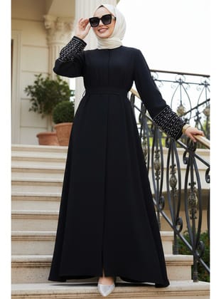 Kolları Taş İşlemeli Siyah Tesettür Abaya Elbise 60041S