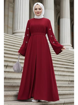 Taş Aplikeli Bordo Tesettür Abaya 82421BR