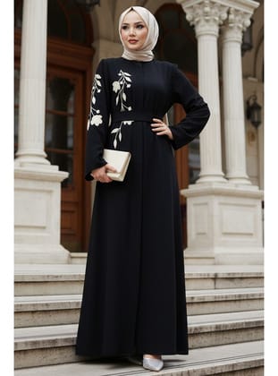 Desenli Siyah Tesettür Abaya 60052S