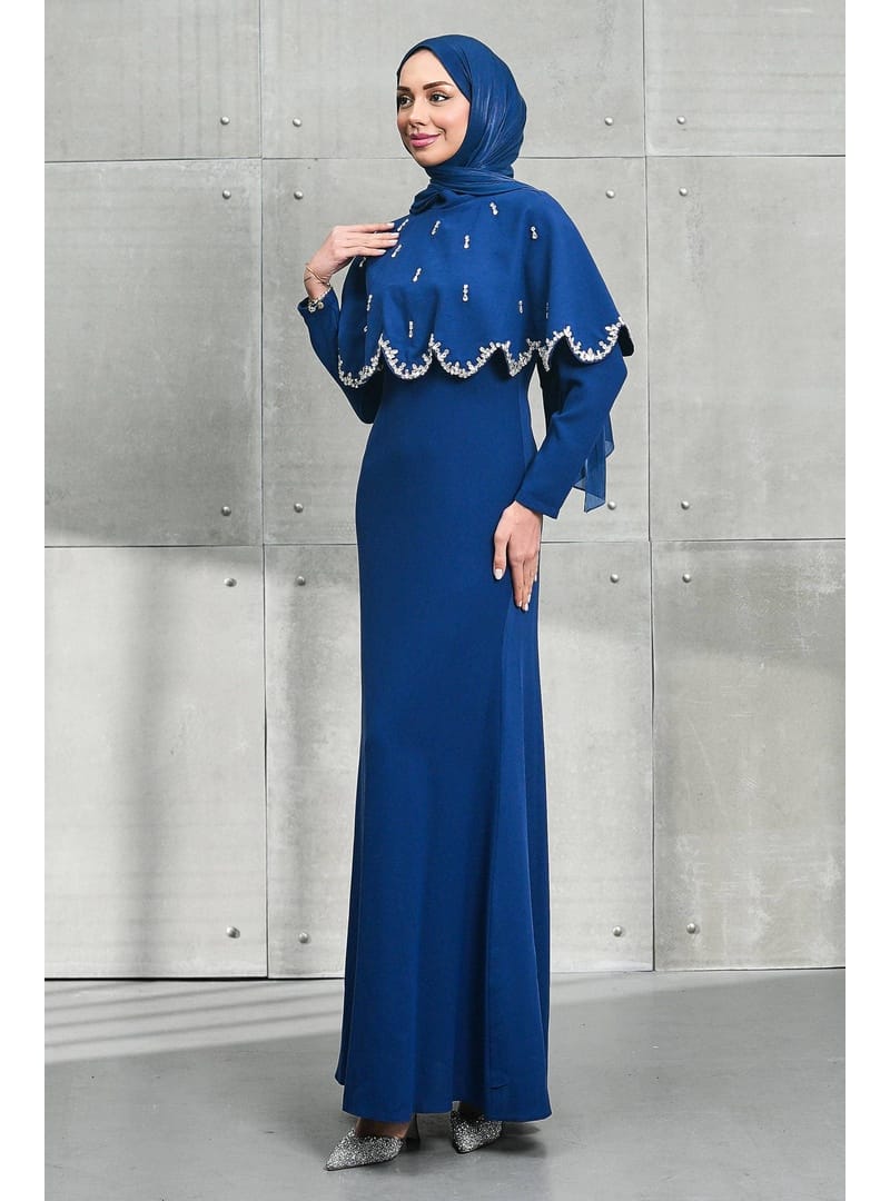 Lacivert Seyyar Pelerinli Taşlı Balık Model Abiye - Resim 4