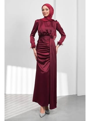 Bordo Kemerli Önü Drapeli Balık Model Saten Abiye