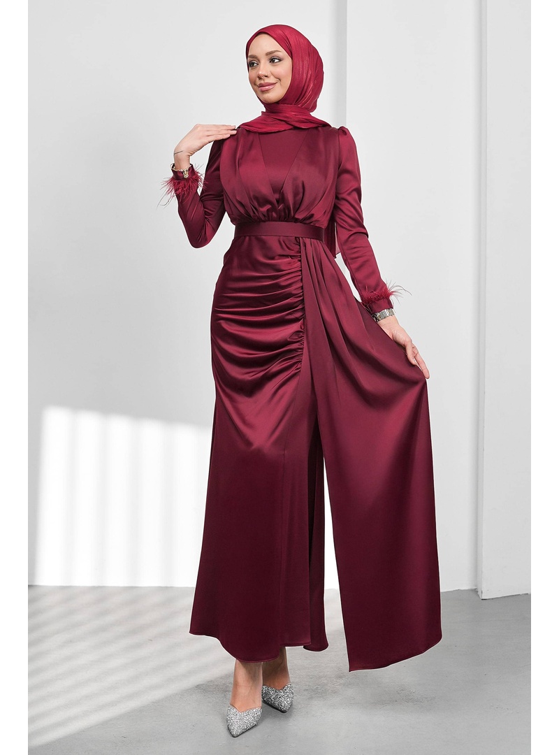 Bordo Kemerli Önü Drapeli Balık Model Saten Abiye - Resim 2