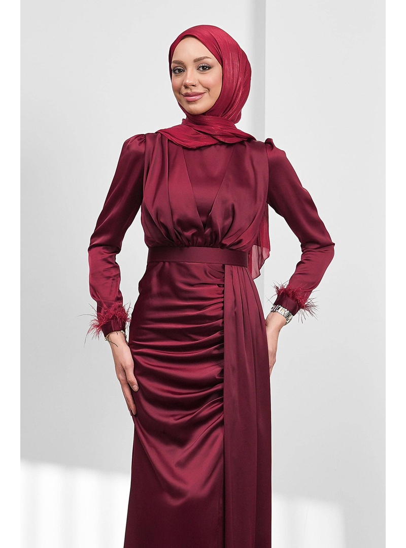 Bordo Kemerli Önü Drapeli Balık Model Saten Abiye - Resim 3
