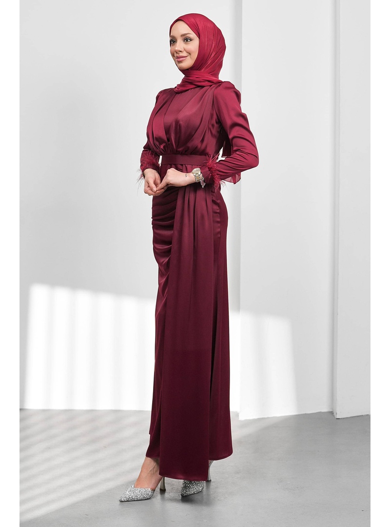 Bordo Kemerli Önü Drapeli Balık Model Saten Abiye - Resim 4