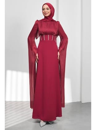 Bordo Kol Detaylı Balık Model Taşlı Abiye
