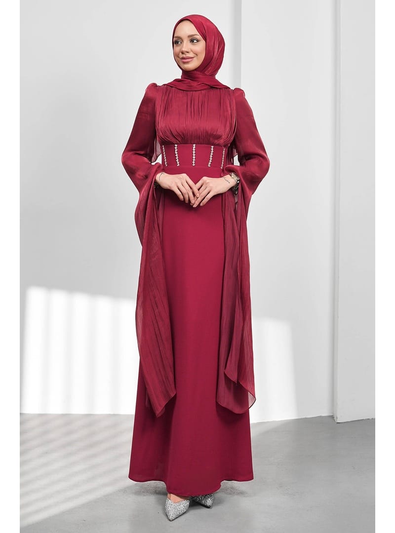 Bordo Kol Detaylı Balık Model Taşlı Abiye - Resim 2