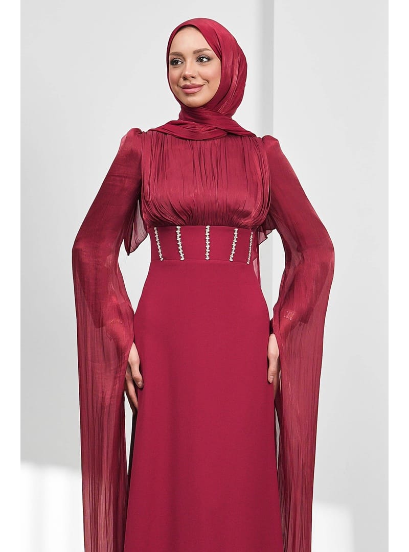 Bordo Kol Detaylı Balık Model Taşlı Abiye - Resim 3