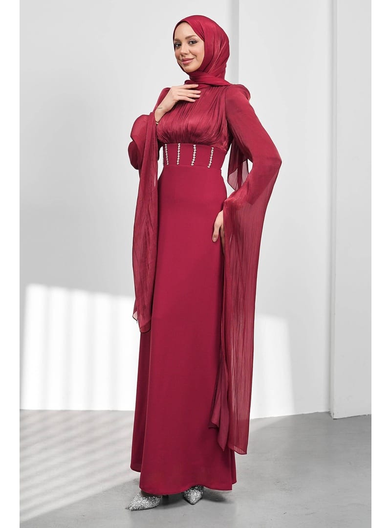 Bordo Kol Detaylı Balık Model Taşlı Abiye - Resim 4