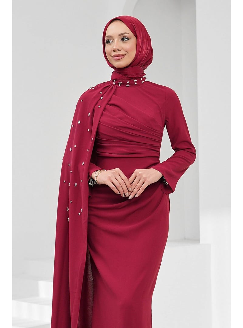 Bordo Taş İşlemeli Pelerinli Abiye - Resim 2