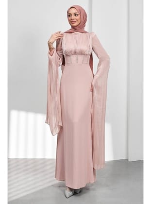 Pudra Kol Detaylı Balık Model Taşlı Abiye