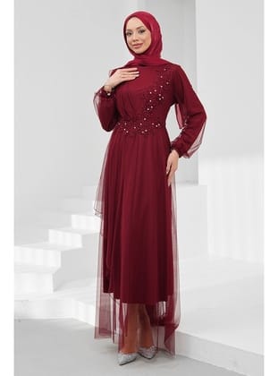 Bordo Büyük Beden Güpürlü Abiye