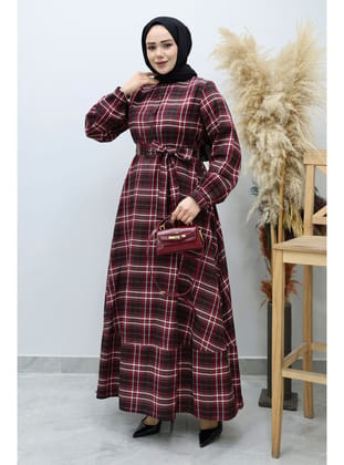 Önden Düğmeli Ekose Elbise TSD260131 Bordo