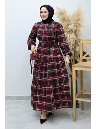 Robalı Ekose Elbise TSD260134 Bordo