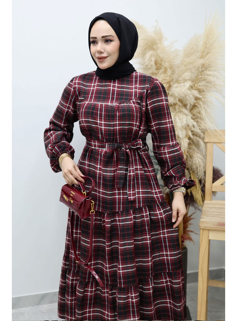 Robalı Ekose Elbise TSD260134 Bordo - Resim 2