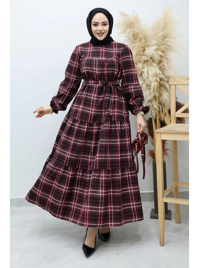Robalı Ekose Elbise TSD260134 Bordo - Resim 3