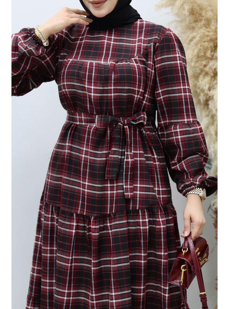 Robalı Ekose Elbise TSD260134 Bordo - Resim 4