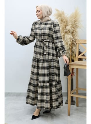 Robalı Ekose Elbise TSD260134 Camel