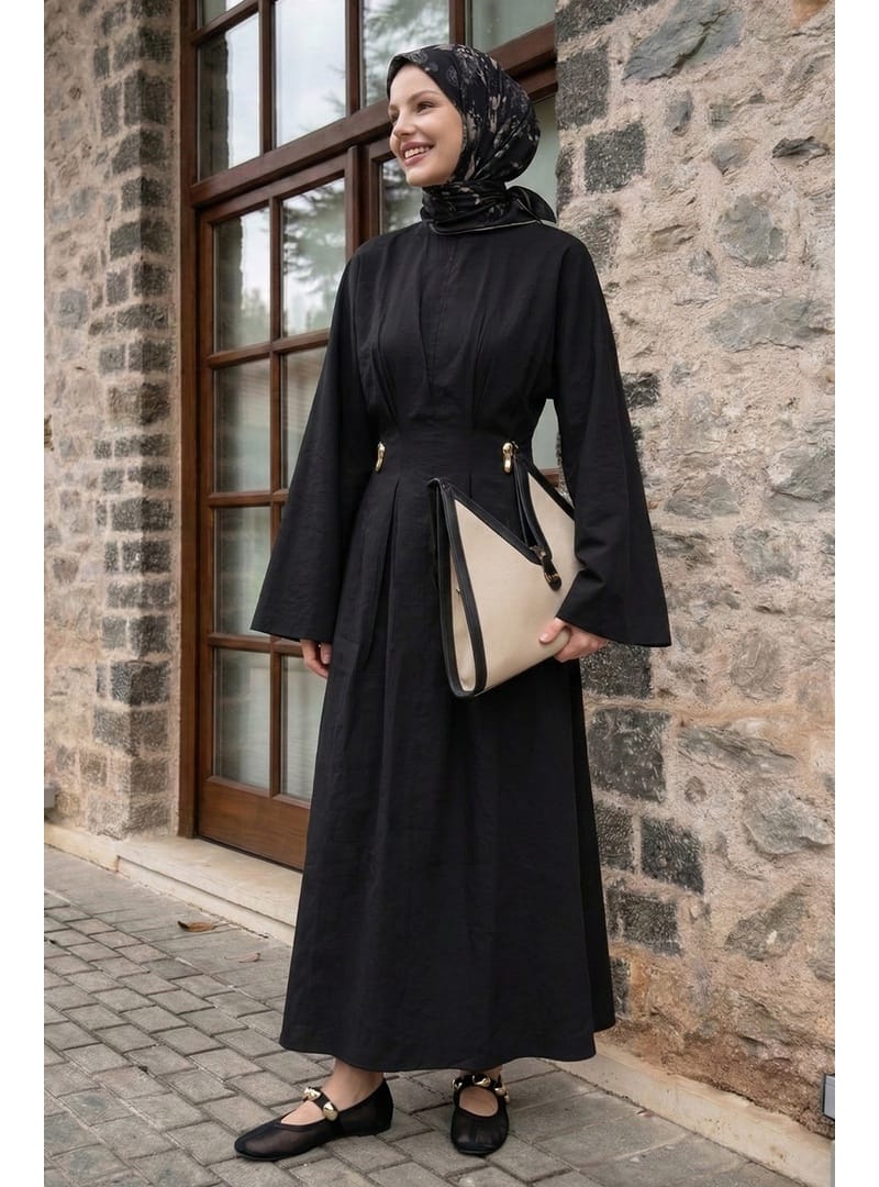 Gold Broşlu Kuşaklı Siyah Modal Elbise - Resim 4