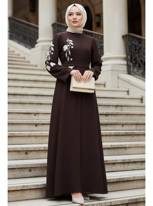 Desenli Koyu Kahverengi Tesettür Abaya 60052KKH