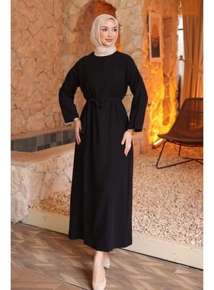 Siyah Beli Kuşaklı Rayon Tencel Elbise