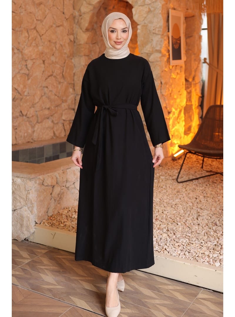 Siyah Beli Kuşaklı Rayon Tencel Elbise - Resim 2
