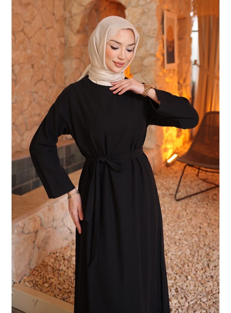 Siyah Beli Kuşaklı Rayon Tencel Elbise - Resim 3