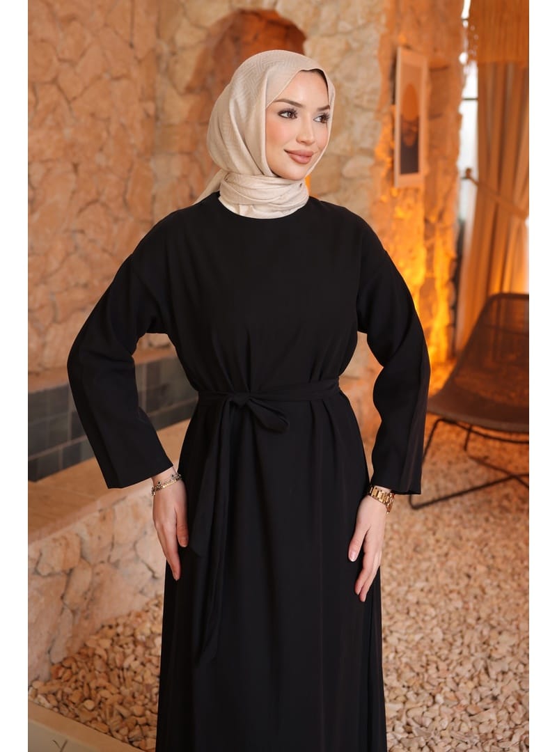 Siyah Beli Kuşaklı Rayon Tencel Elbise - Resim 4