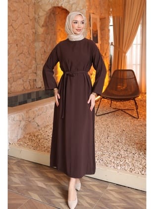 Kahverengi Beli Kuşaklı Rayon Tencel Elbise