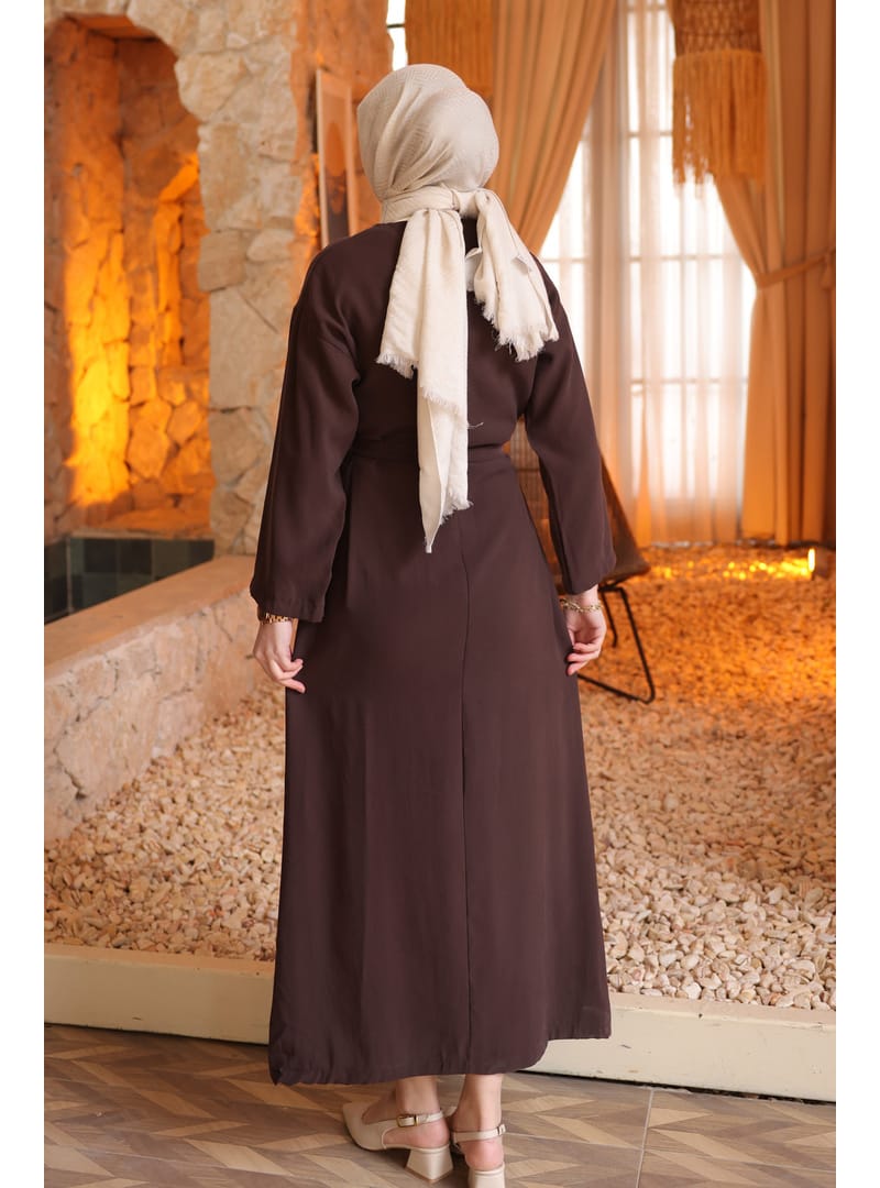 Kahverengi Beli Kuşaklı Rayon Tencel Elbise - Resim 2