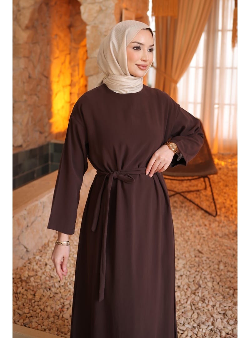 Kahverengi Beli Kuşaklı Rayon Tencel Elbise - Resim 3