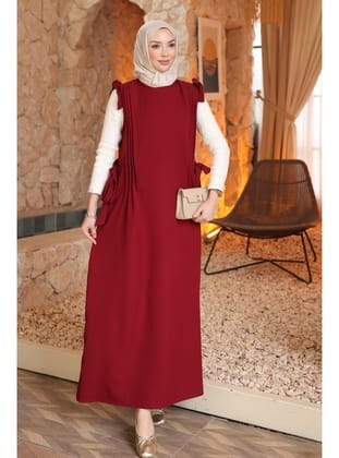 Bordo Bel Kuşaklı Kolları Fırfırlı Elbise