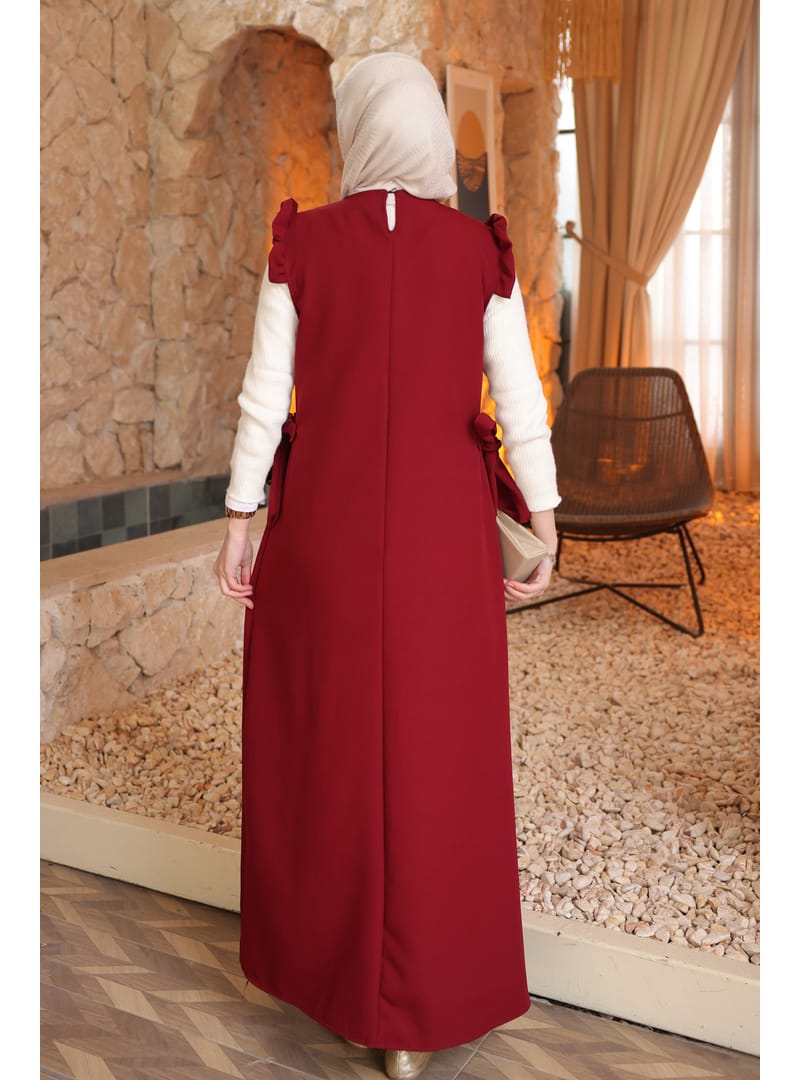 Bordo Bel Kuşaklı Kolları Fırfırlı Elbise - Resim 2