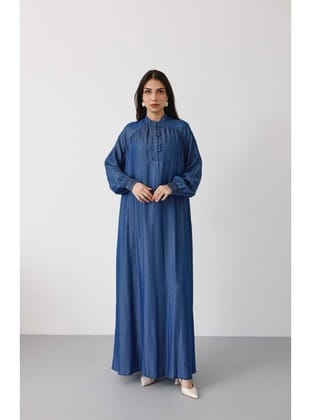 6665-Büzgülü Patlı Elbise Koyu Mavi