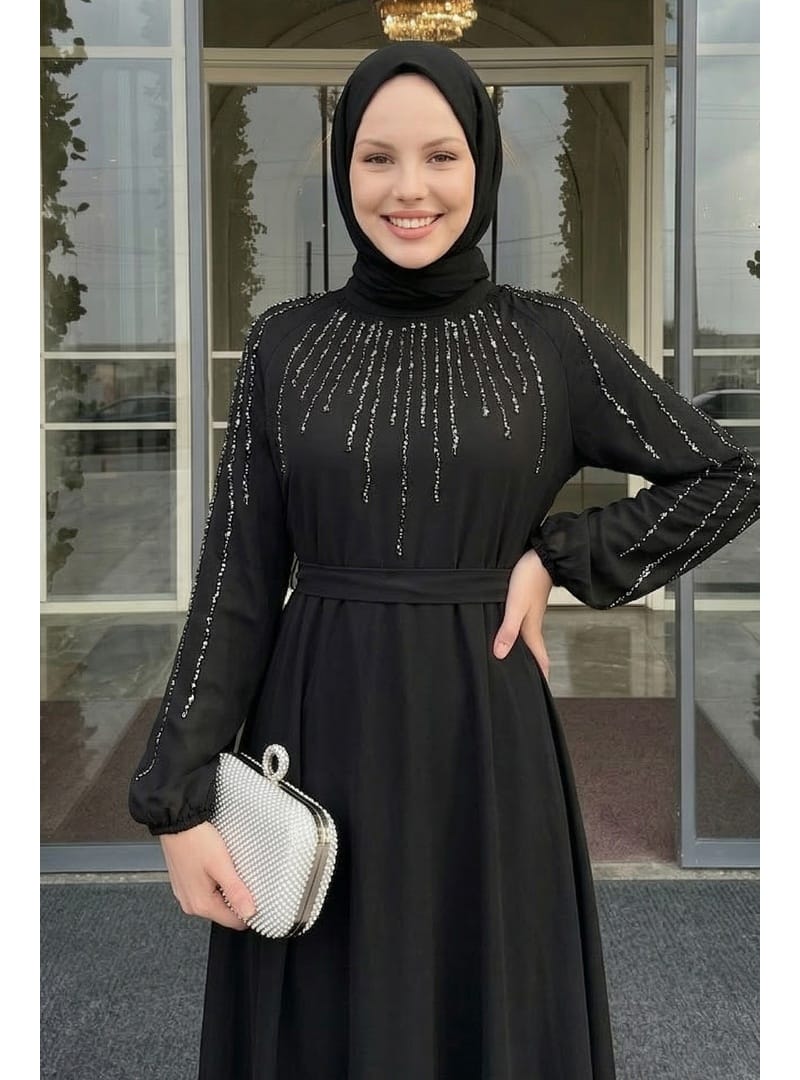 Yakası Kolları Taşlı Siyah Abiye - Resim 3