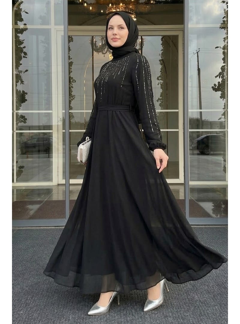 Yakası Kolları Taşlı Siyah Abiye - Resim 4