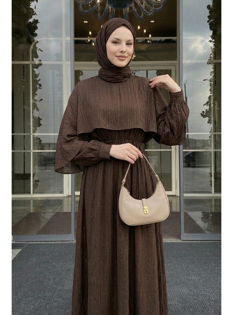 Şal Yaka Beli Büzgülü Kahverengi Elbise - Resim 4