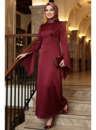 - İspanyol Kol Bordo Tesettür Saten Abiye Elbise 6258BR