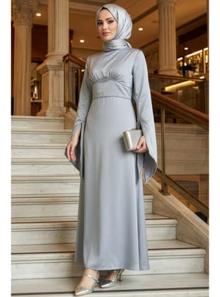- İspanyol Kol Gri Tesettür Saten Abiye Elbise 6258GR