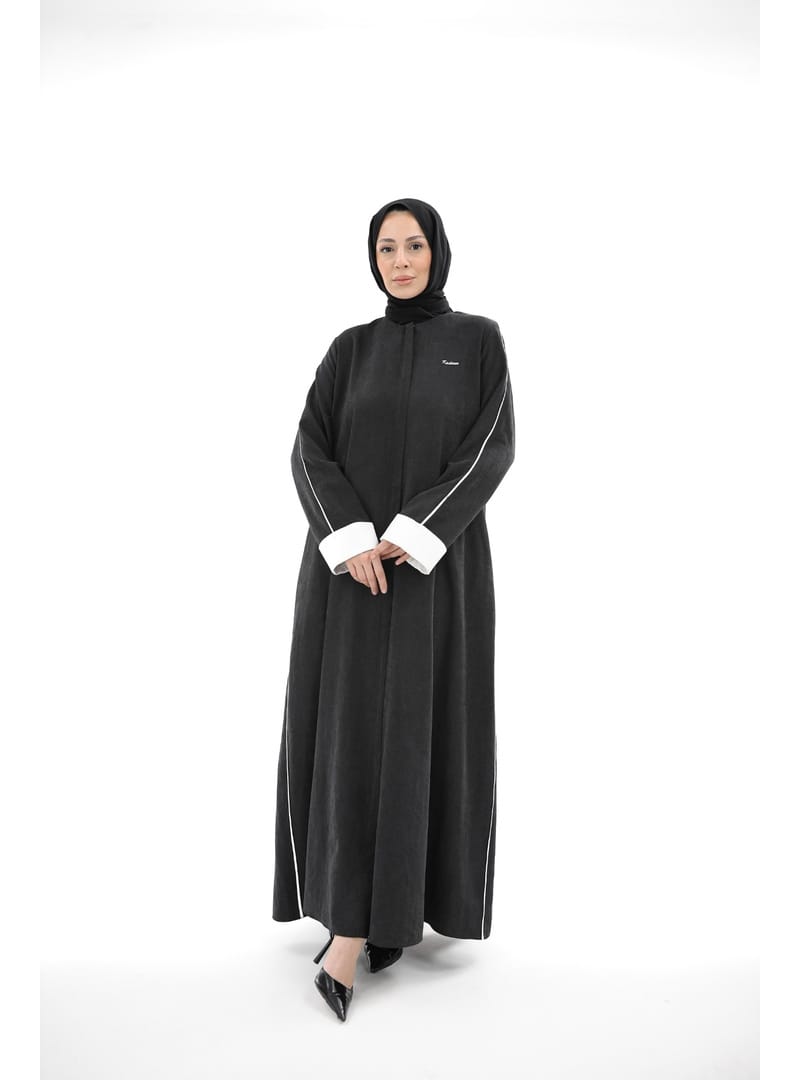 Sare Cupra Biyeli Kol Katlamalı Abaya – Siyah - Beyaz Siyah Beyaz - Resim 2