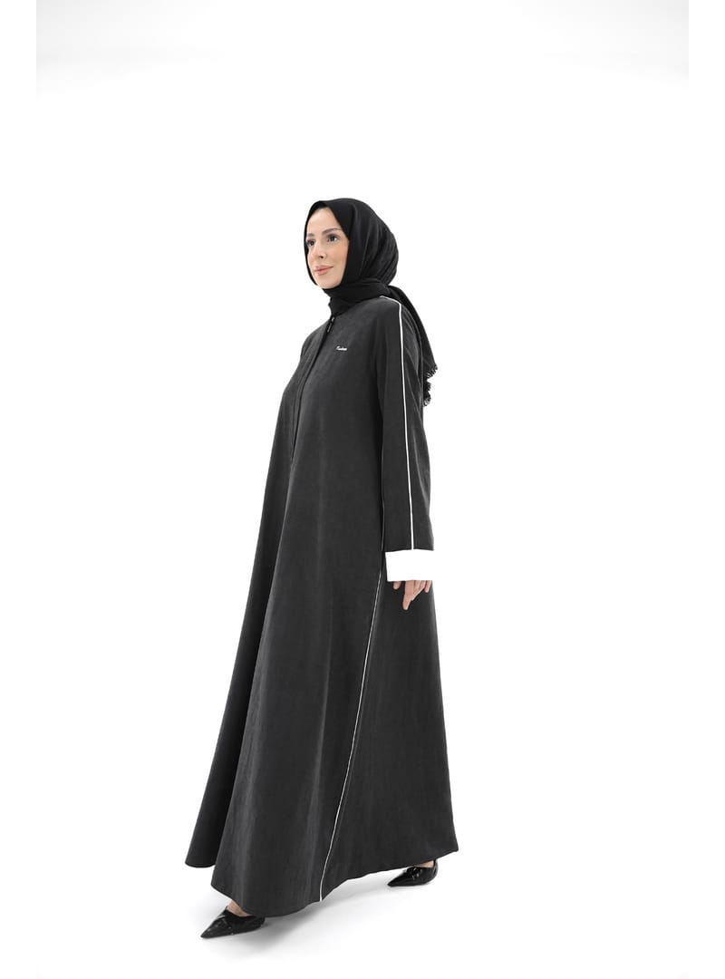 Sare Cupra Biyeli Kol Katlamalı Abaya – Siyah - Beyaz Siyah Beyaz - Resim 3